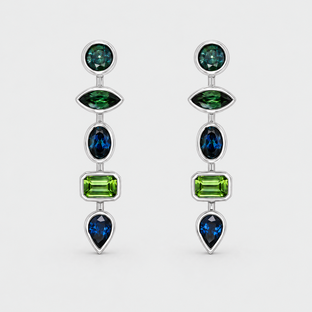 Blue and Teal Sapphire Drop Earrings - Tetra, front view