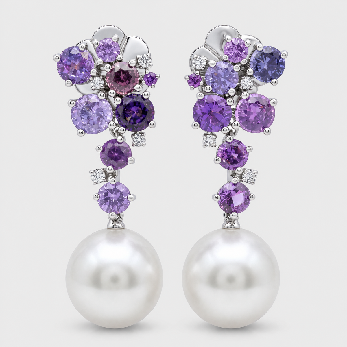 Autore Sapphire, Diamond and Pearl Earrings, front view