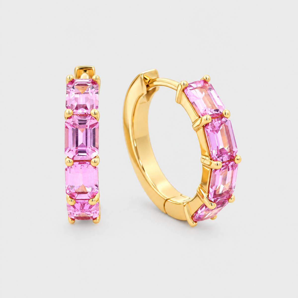 18ct Yellow Gold Pink Sapphire Hoop Earrings, front view