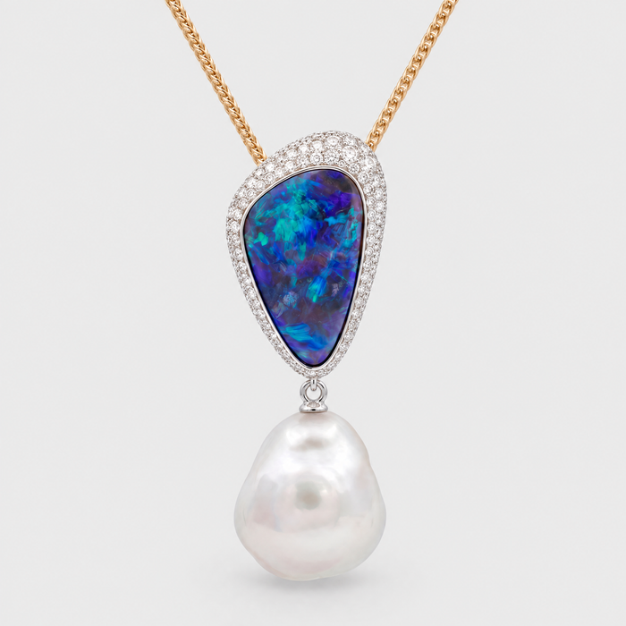 Autore Opal, Diamond and South Sea Pearl Pendant, front view
