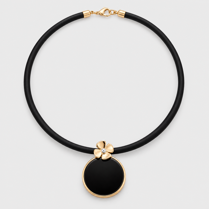 9ct Yellow Gold Onyx Flower Pendant, front view