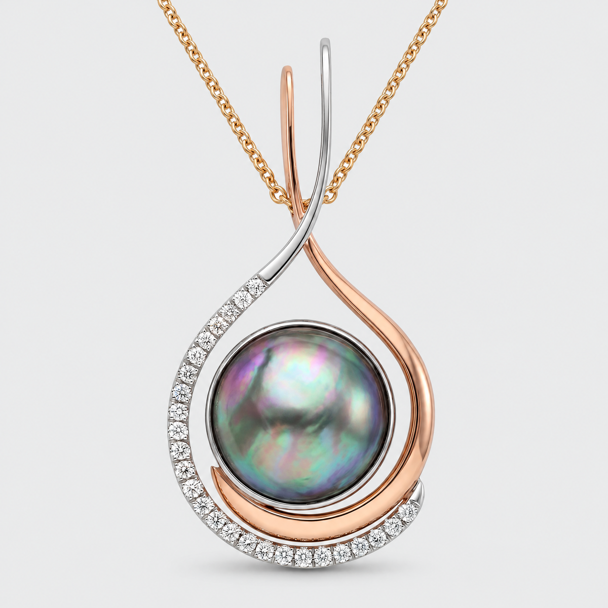 New Zealand Eyris Pearl and Diamond Pendant, front view