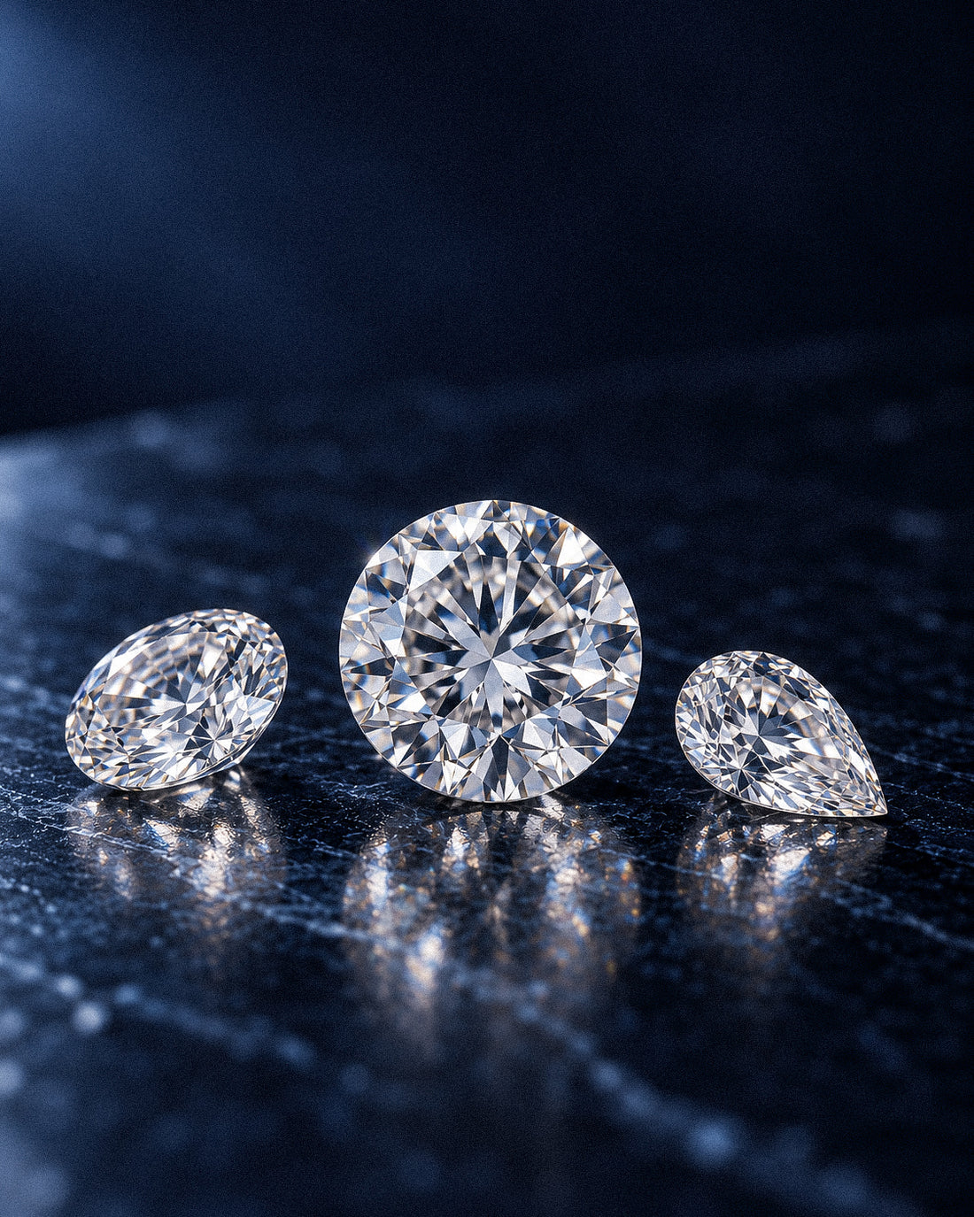 Natural round brilliant, oval and pear-cut diamonds on dark stone at NY2K Jewellers, Maroochydore