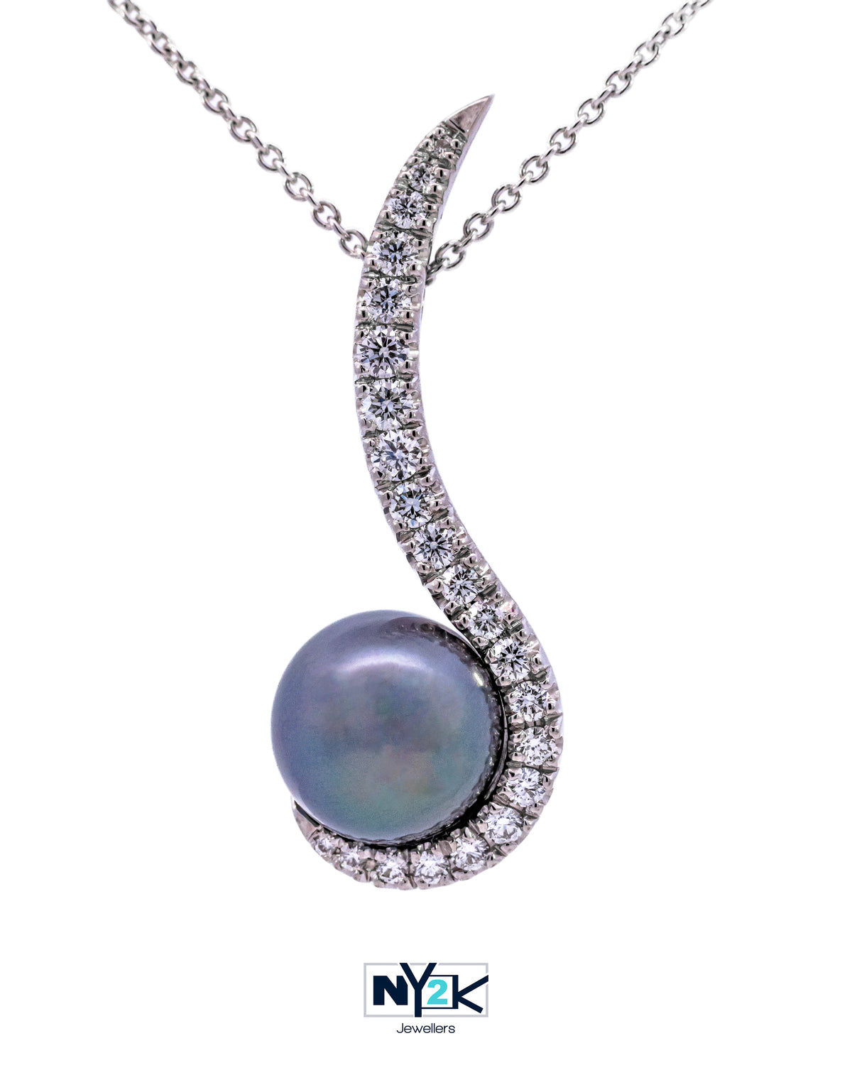 Grey pearl pendant in a curved diamond-set white gold setting, NY2K Jewellers, Maroochydore