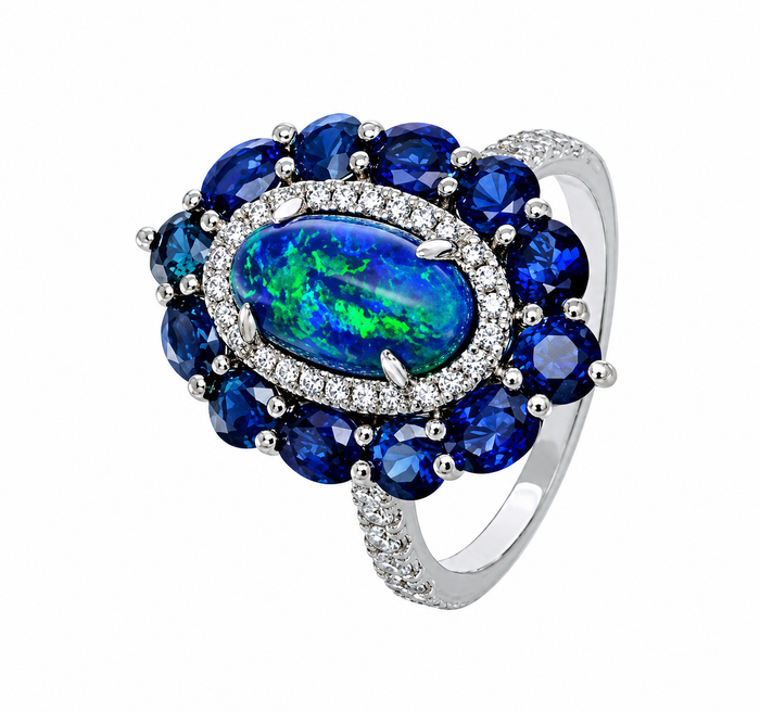 BLACK OPAL, SAPPHIRE AND DIAMOND RING